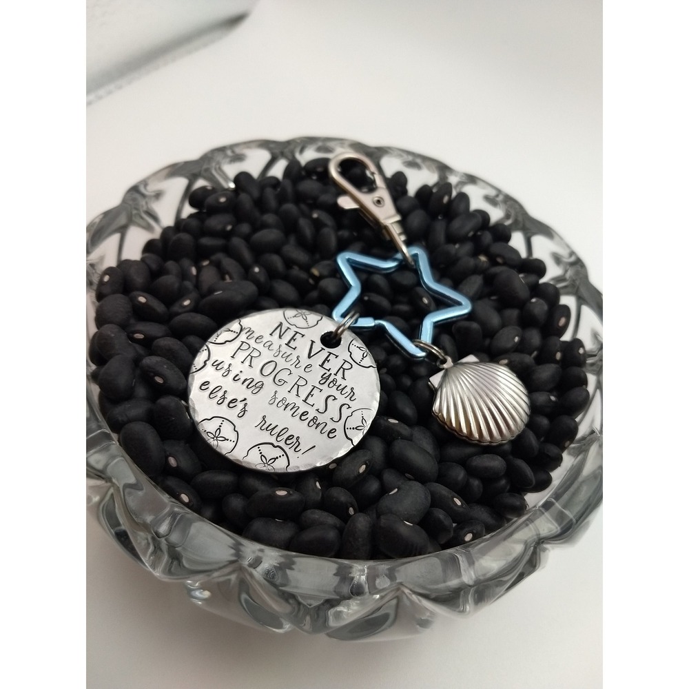 Hand Stamped Keychain "Never Measure Your Progress Using Someone Else's Ruler! " - Picture 3 of 4